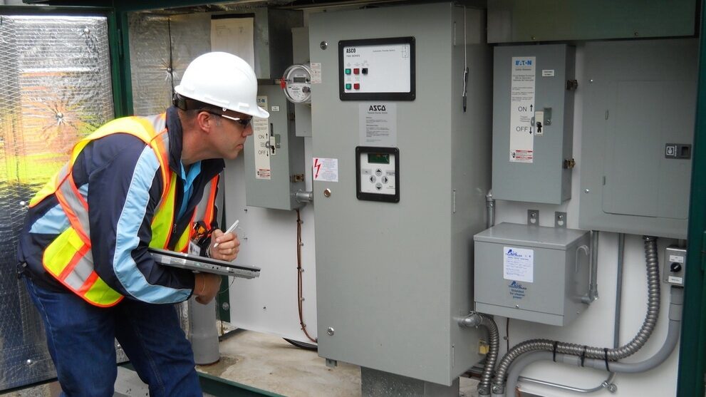 Electrical Contractor with clipboard inspecting the electrical room of a commercial building.