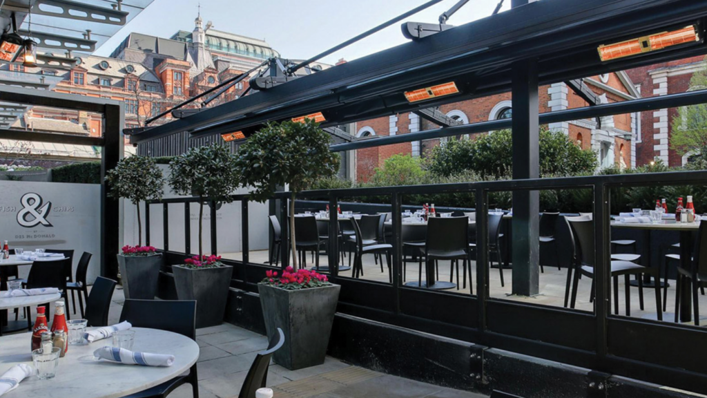 Restaurant with outdoor patio heating in Toronto.