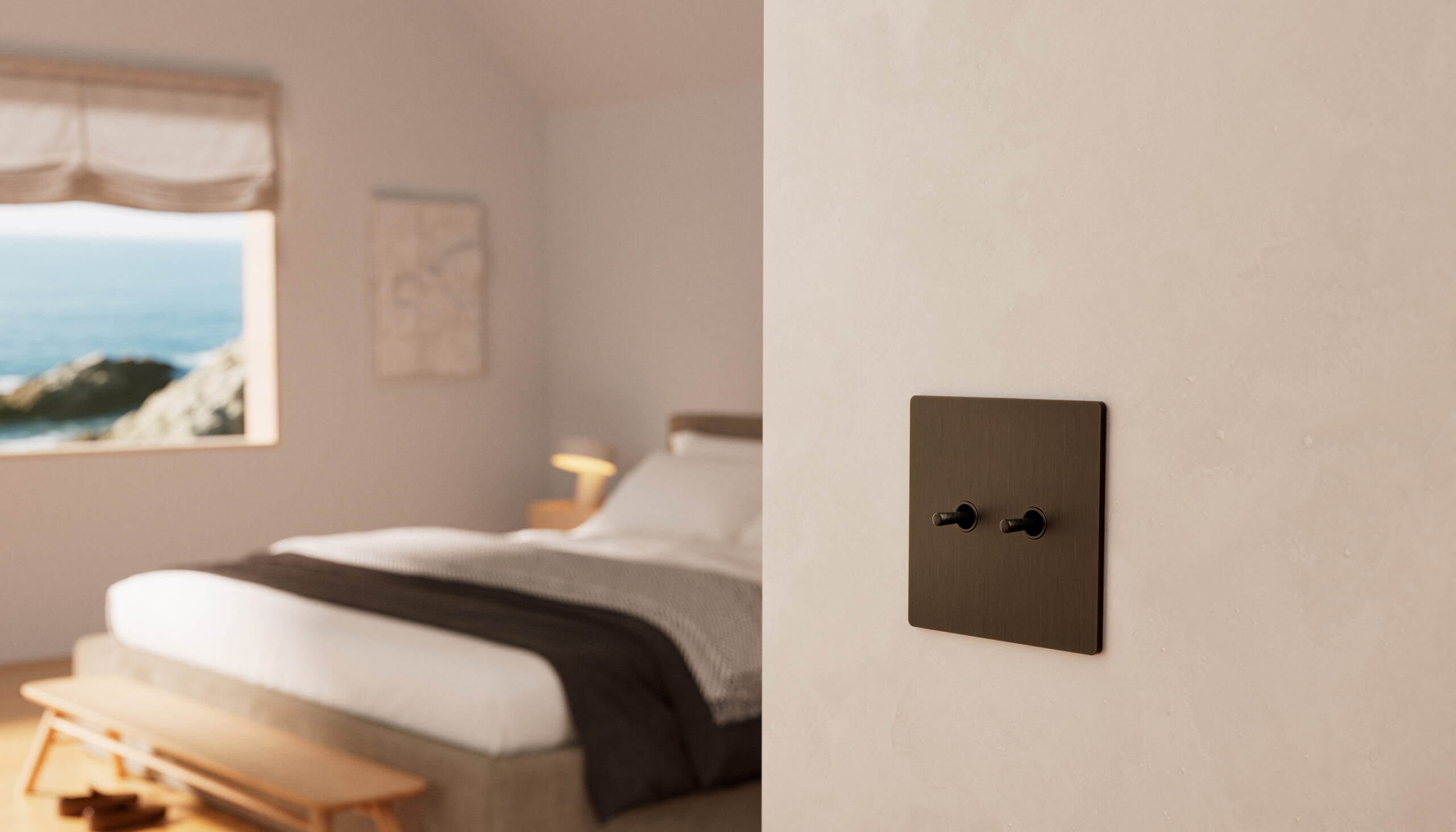 Bedroom with Lutron roman shades — Lutron lighting controls Toronto