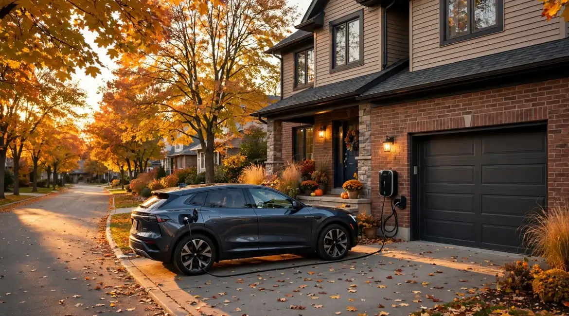 EV charger installed at an Etobicoke home in autumn, electric car charging in the driveway