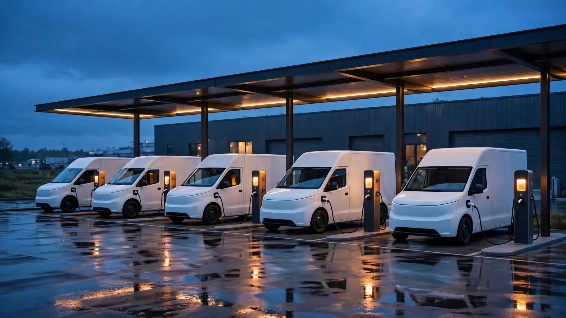 Electric delivery vans charging under a canopy at a fleet depot at dusk