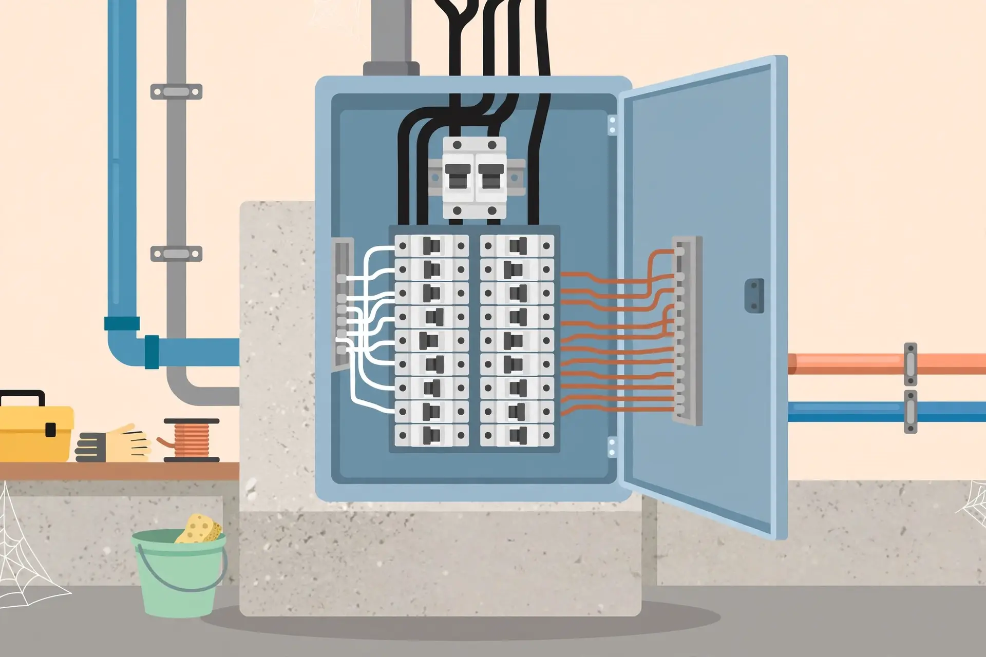 Illustration of an open residential electrical panel