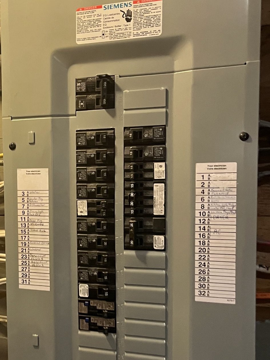 Example photo: an electrical panel with the door open, breaker numbers and labels readable