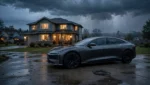 Electric car dead in a home driveway under storm clouds